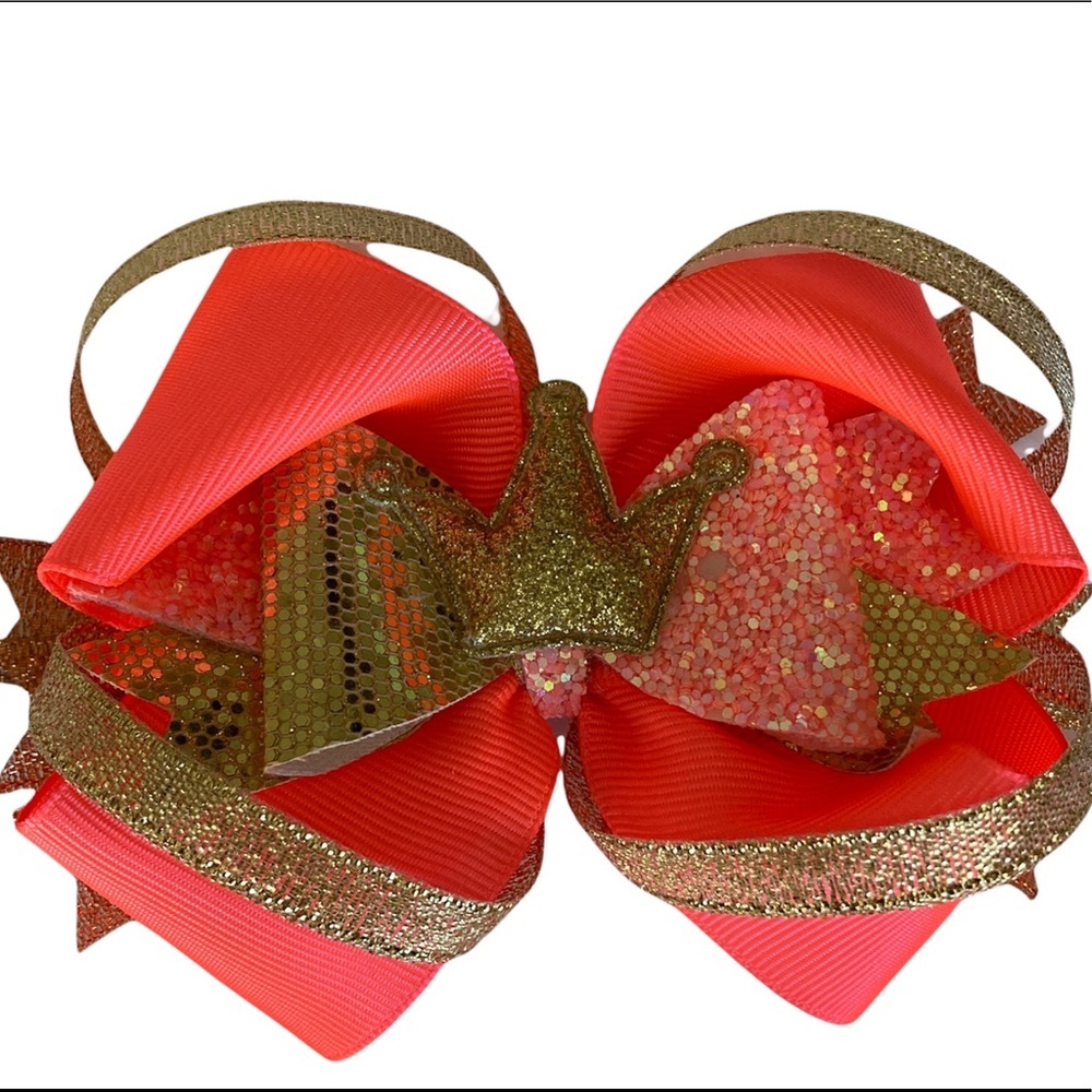 Crown Hair Bow for Girls and Toddler Handmade Size 4.5” Orange-Gold NEW